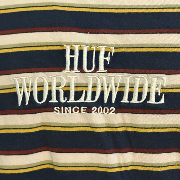 Vintage 90s HUF Worldwide Long Sleeve T Shirt Embroidered Logo Striped Blue Yell - Picture 3 of 7